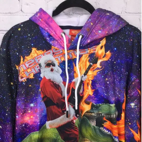 Threadcraft Santa Trex Graphic Hoodie Ugly Christmas Sweater Sweatshirt Men's L - Picture 2 of 12